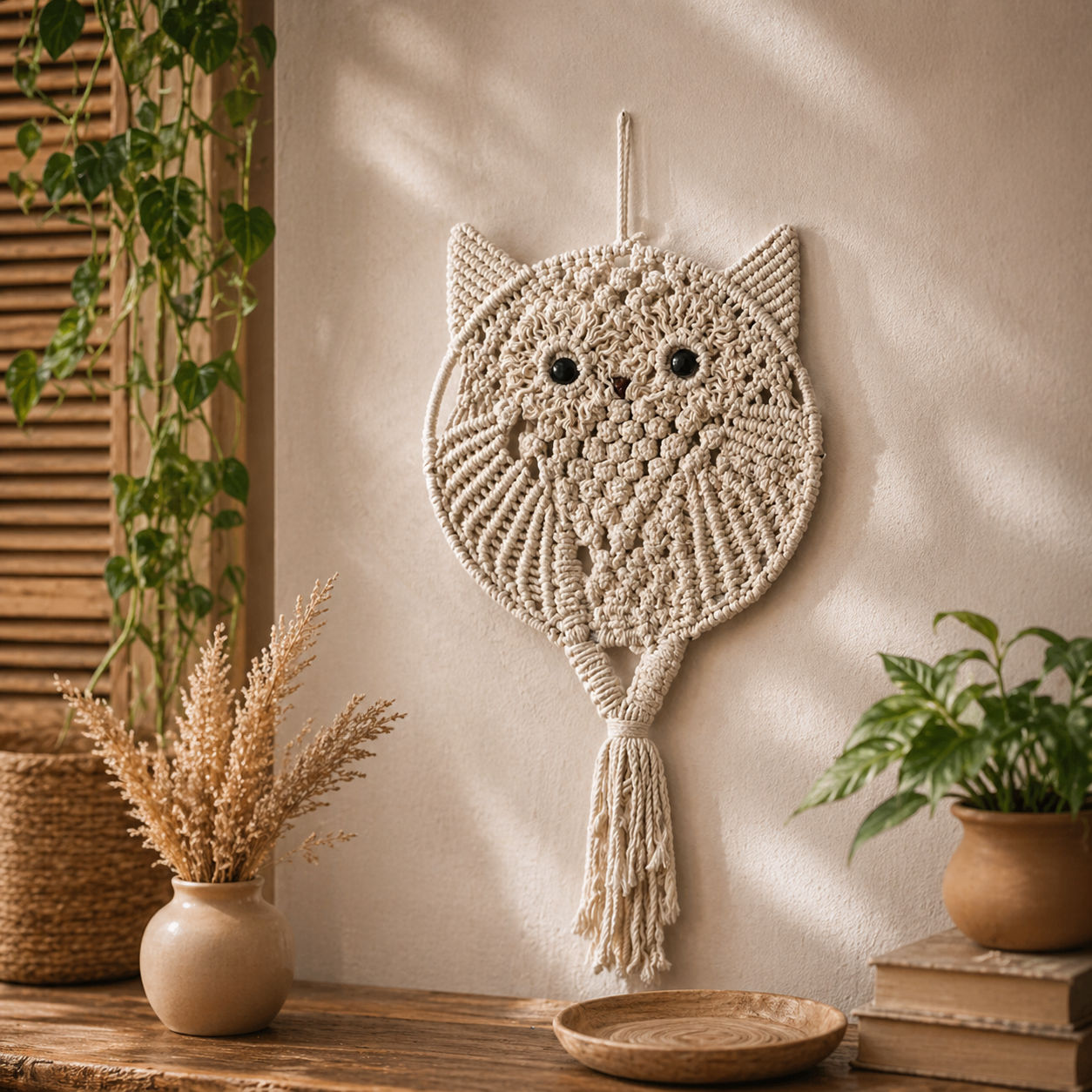 Owl macrame wall hanging made of cotton cord custom design